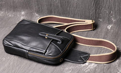Fashion Black Leather Sling Backpack Men's Sling Bag Black Chest Bag One shoulder Backpack Black Sling Pack For Men