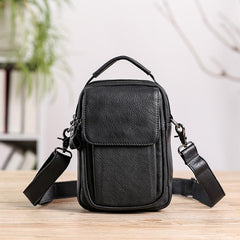 Fashion Black Leather MENS Vertical Small Side Bag Black Messenger Bag Courier Bag For Men