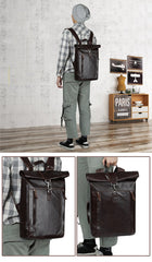 Fashion Coffee Leather Men's 15 inches Rollup Backpack Computer Backpack School Backpack For Men