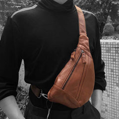 Fashion Brown Leather Men's Sling Bags Chest Bag Fashion Brown One shoulder Backpack Sling Bag For Men