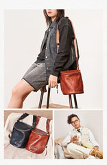 Fashion Brown Leather Mens Womens Bucket Side Bag Black Bucket Messenger Bag For Men and Women