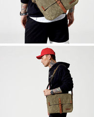 Fashion Waxed Canvas Leather Mens Army Green Side Bags Messenger Bags Khaki Casual Canvas Courier Bag for Men