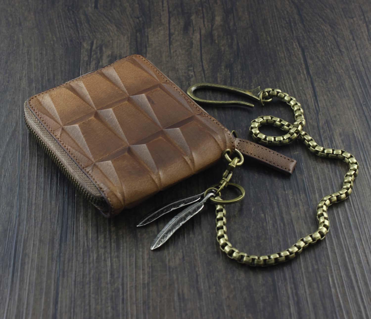 Fashion Brown Leather Men's Small Zipper Biker Chain Wallet Wallet with Chain For Men