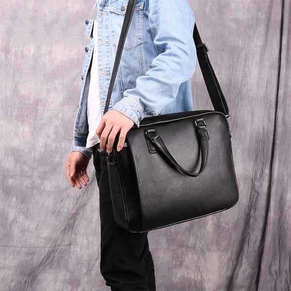 Fashion Black Leather Men's Professional Briefcase Handbag 14'' Computer Briefcase For Men