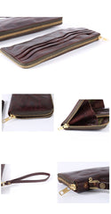 Cool Leather Mens Clutch Simple Brown Wallet Zipper Clutch Wristlet Phone Purse for Men