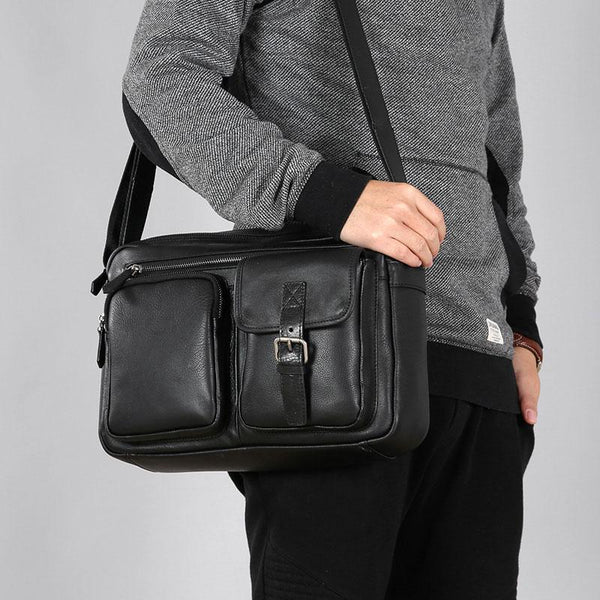Genuine Leather Mens Cool Black Small Shoulder Bag Messenger Bag Bike Bag Cycling Bag for men