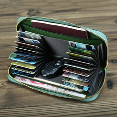 Green Mens Leather Cards Long Wallets Lot of Cards Black Zipper Long Wallet Cards Wallet for Men