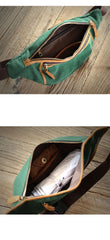 Green Canvas Leather Mens Chest Bag Waist Bag Fanny Pack Bum Pack For Men