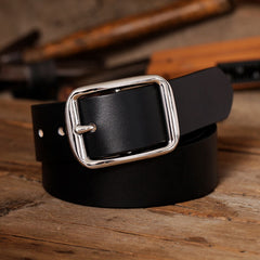 Handmade Black Leather Belt Minimalist Mens Silver Black Leather Belts for Men