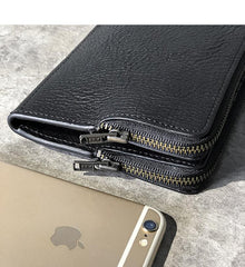 Handmade Black Leather Mens Bifold Long Wallet Brown Multifunction Wallet Phone Wallet Card Holder Clutch Men