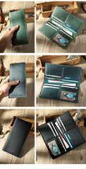 Handmade Coffee Leather Mens Bifold Long Wallet Personalized Coffee Checkbook Wallets for Men