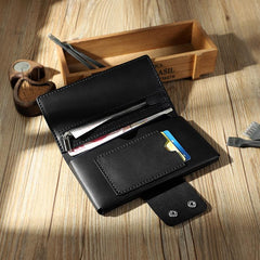 Handmade Black Leather Mens Bifold Long Wallets Personalized Black Checkbook Leather Wallets for Men