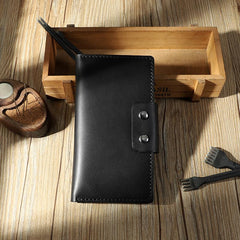 Handmade Coffee Leather Mens Bifold Long Wallets Personalized Coffee Checkbook Leather Wallets for Men