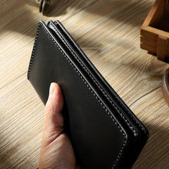 Handmade Black Leather Mens Bifold Long Wallets Personalized Black Checkbook Wallet for Men
