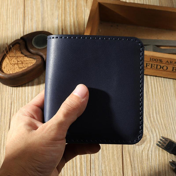 Handmade Blue Leather Mens Billfold Wallets Personalize Blue Bifold Small Wallets for Men