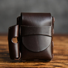 Handmade Beige Leather Mens Cigarette Case with Lighter Holder Belt Loop for Men
