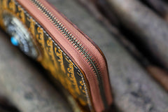 Handmade Black Leather Tibetan Scriptures Long Wallet Tooled Zipper Clutch Wristlet Wallet for Men