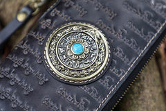 Handmade Black Leather Tibetan Scriptures Long Wallet Tooled Zipper Clutch Wristlet Wallet for Men