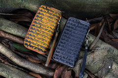 Handmade Leather Tibetan Scriptures Long Wallet Tooled Zipper Clutch Wristlet Wallet for Men