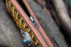 Handmade Tan Leather Tibetan Scriptures Long Chain Wallet Tooled Zipper Biker Wristlet Wallet for Men