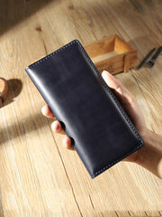 Handmade Blue Mens Bifold Long Wallets Personalized Blue Leather Checkbook Wallets for Men
