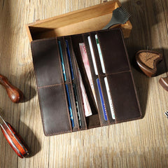 Handmade Slim Leather Mens Bifold Long Wallet Personalized Black Checkbook Wallets for Men