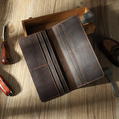 Handmade Black Slim Leather Mens Bifold Long Wallet Personalized Black Checkbook Wallets for Men