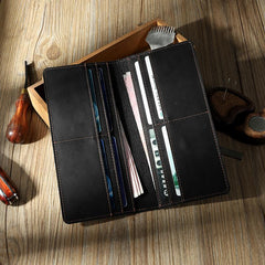 Handmade Slim Leather Mens Bifold Long Wallet Personalized Black Checkbook Wallets for Men
