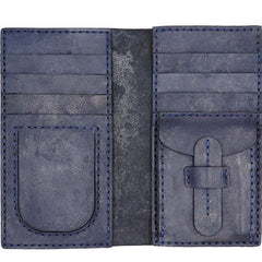 Handmade Leather Mens Bifold Long Wallets Blue Checkbook Wallet Lots Cards Long Wallet for Men