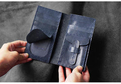 Handmade Leather Mens Bifold Long Wallets Blue Checkbook Wallet Lots Cards Long Wallet for Men