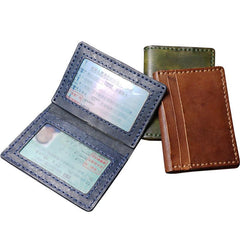 Handmade Blue Leather Mens Slim Card Holders Wallets Slim Bifold Card Wallet for Men