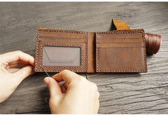 Handmade Brown Leather Mens Bifold Billfold Wallets Slim Brown Small Wallet for Men
