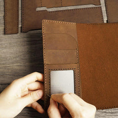 Handmade Brown Leather Mens Bifold Long Wallet Lots Cards Blue Travel Long Wallet for Men