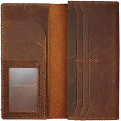 Handmade Brown Leather Mens Bifold Long Wallet Lots Cards Blue Travel Long Wallet for Men