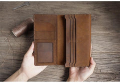 Handmade Brown Leather Mens Bifold Long Wallet Lots Cards Blue Travel Long Wallet for Men