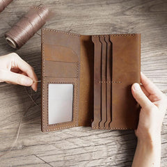 Handmade Brown Leather Mens Bifold Long Wallet Lots Cards Travel Long Wallet for Men