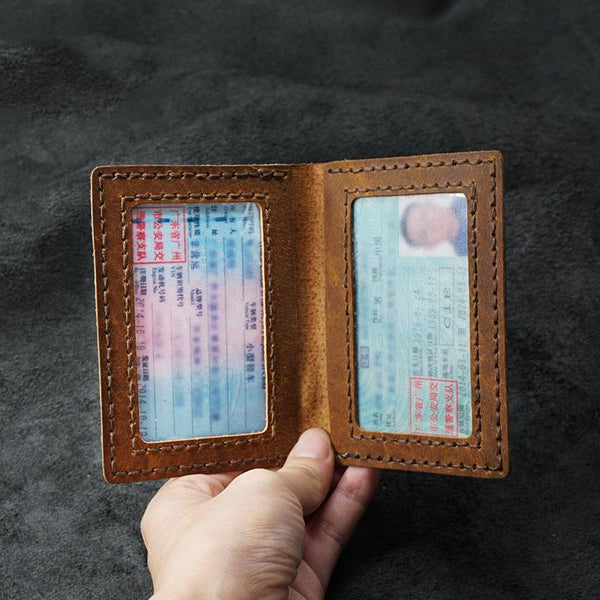 Handmade Brown Leather Mens Slim License Wallets Slim Bifold Card Wallet for Men