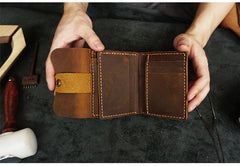 Handmade Coffee Leather Mens Trifold Billfold Wallet With Coin Pocket Brown Small Wallet for Men
