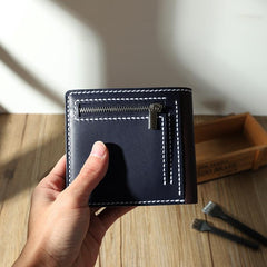 Handmade Blue Leather Billfold Wallet Personalized Mens Contrast Color Wallets for Men