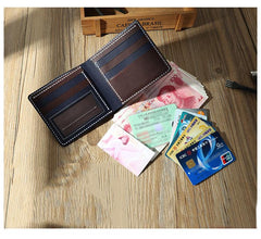 Handmade Blue Leather Billfold Wallets Personalized Mens Contrast Color Wallets for Men