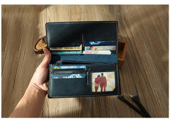 Handmade Blue Leather Mens Bifold Long Wallets Personalized Blue Checkbook Wallets for Men