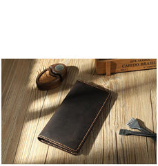 Handmade Coffee Leather Mens Bifold Long Wallets Personalized Coffee Checkbook Wallets for Men