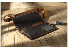 Handmade Coffee Leather Mens Bifold Long Wallets Personalized Coffee Checkbook Wallets for Men