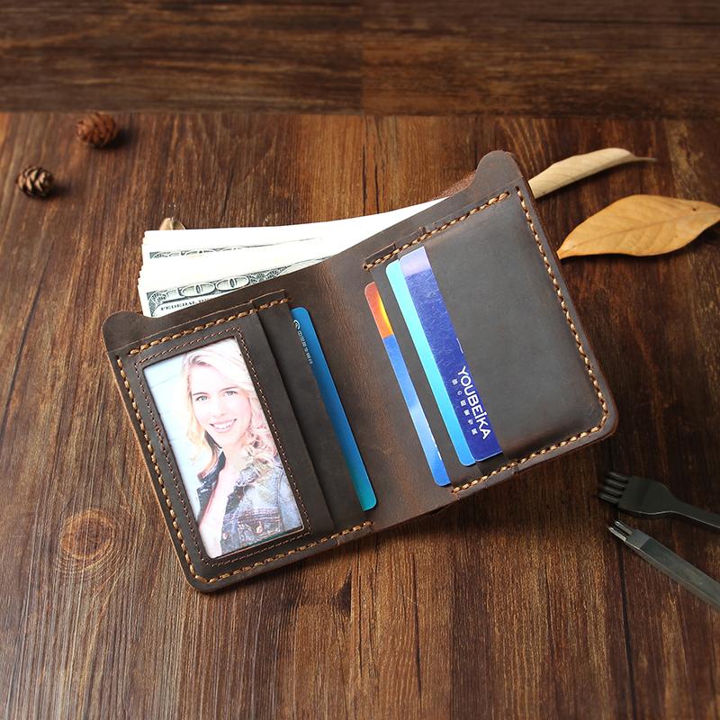 Handmade Black Leather Mens Billfold Wallet Personalize Black Bifold Small Wallets for Men