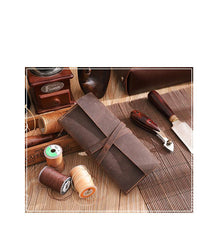 Handmade Coffee Leather Womens Long Wallets Personalized Wrap Tie Checkbook Wallet for Men