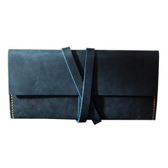 Handmade Blue Leather Womens Long Wallets Personalized Wrap Tie Checkbook Wallet for Men