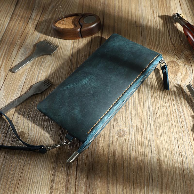 Handmade Blue Mens Clutch Wallet Personalized Blue Leather Slim Zipper Clutch for Men