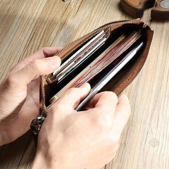 Handmade Coffee Mens Clutch Wallet Personalized Coffee Leather Slim Zipper Clutch for Men