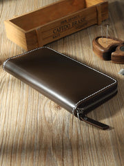 Handmade Coffee Mens Zipper Long Wallets Personalized Leather Around Zipper Wallets for Men