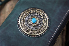 Handmade Tan Leather Tibetan Totem Long Wallet Cool Zipper Biker Wristlet Wallet for Men